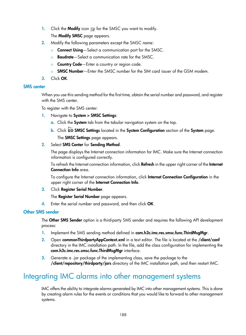 Sms center, Other sms sender | H3C Technologies H3C Intelligent Management Center User Manual | Page 202 / 1065