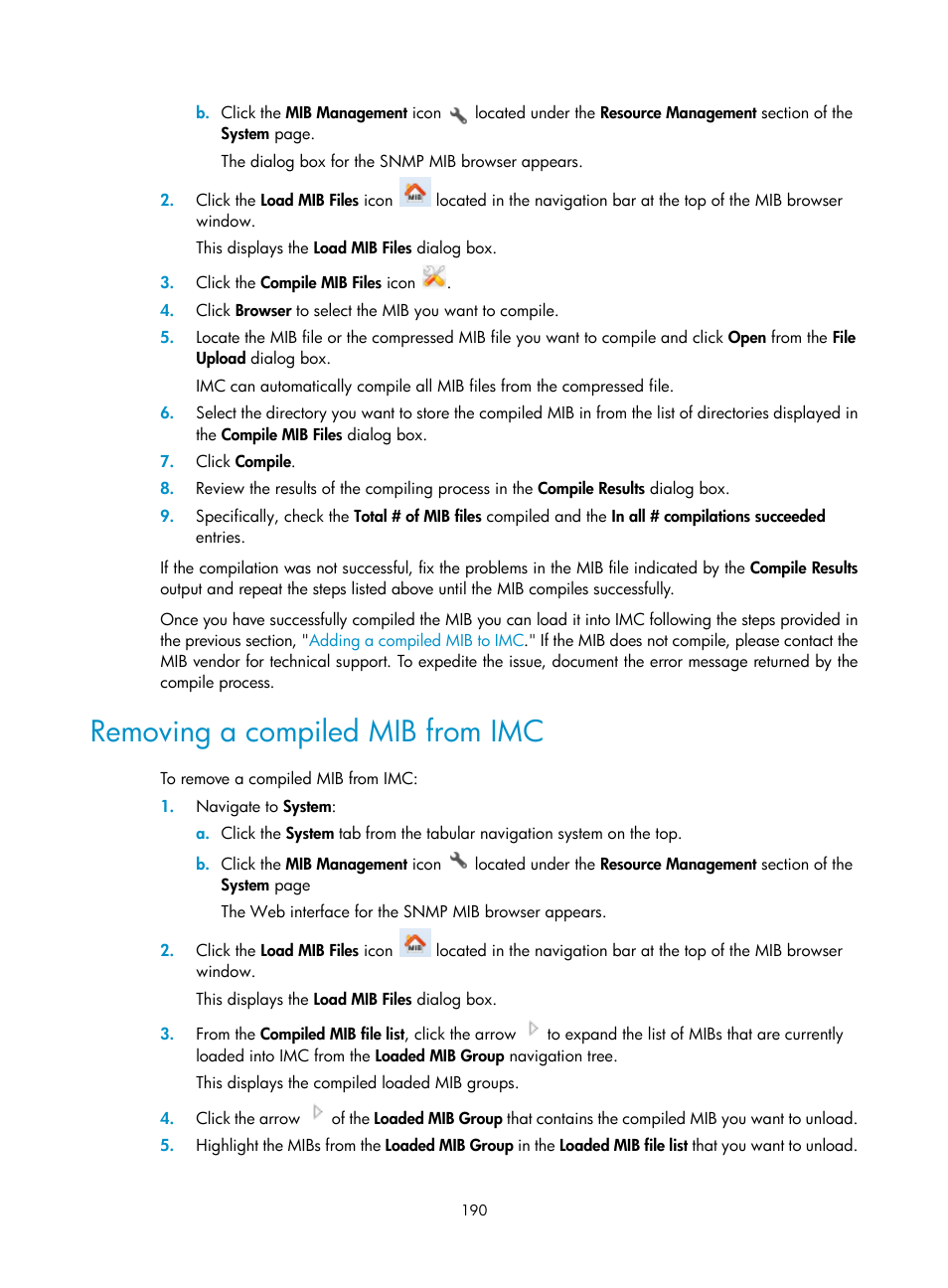 Removing a compiled mib from imc | H3C Technologies H3C Intelligent Management Center User Manual | Page 204 / 1065