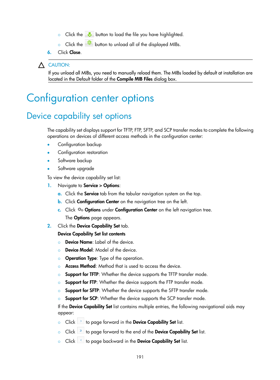 Configuration center options, Device capability set options | H3C Technologies H3C Intelligent Management Center User Manual | Page 205 / 1065