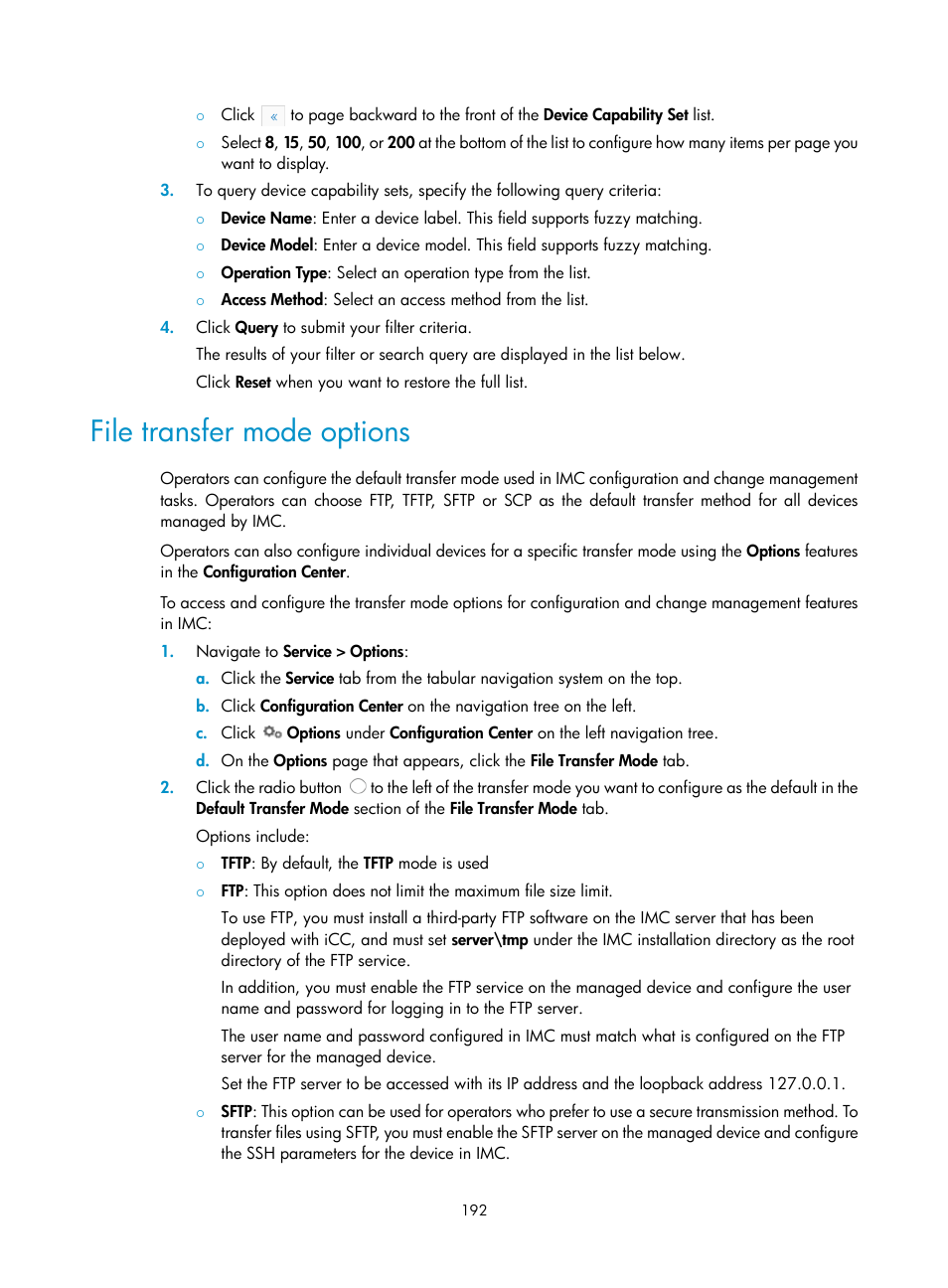 File transfer mode options | H3C Technologies H3C Intelligent Management Center User Manual | Page 206 / 1065