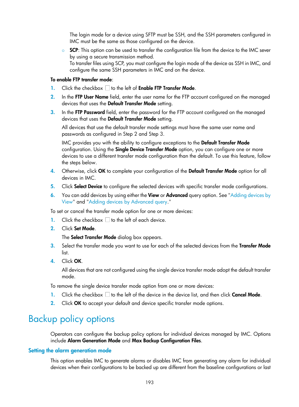 Backup policy options, Setting the alarm generation mode | H3C Technologies H3C Intelligent Management Center User Manual | Page 207 / 1065
