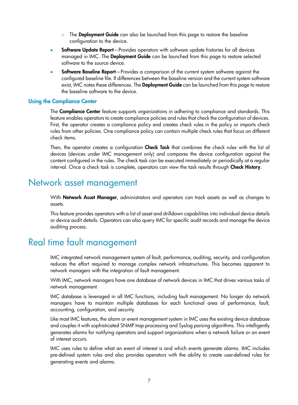 Using the compliance center, Network asset management, Real time fault management | H3C Technologies H3C Intelligent Management Center User Manual | Page 21 / 1065