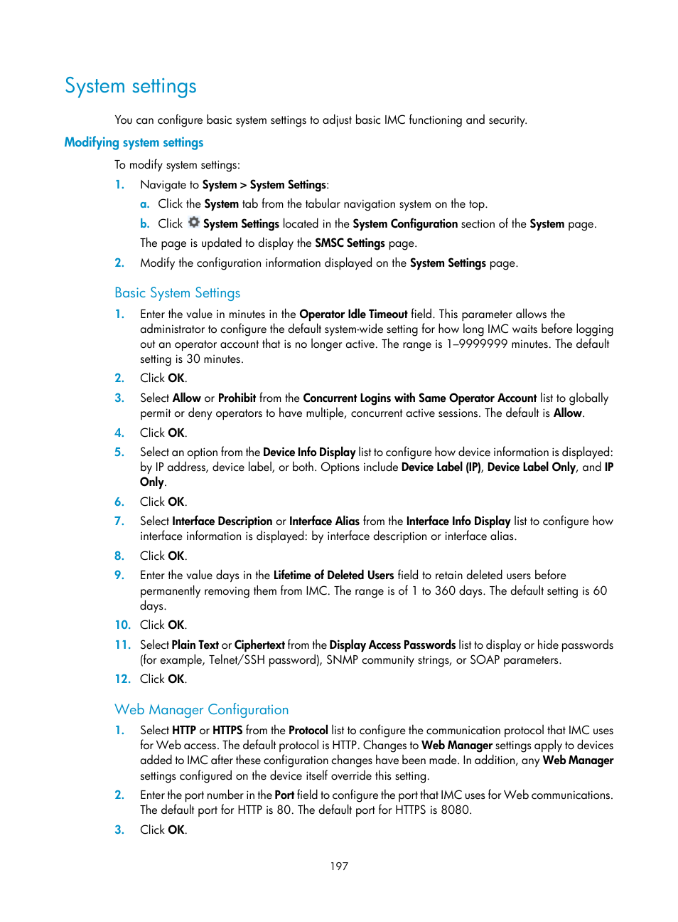 System settings, Modifying system settings | H3C Technologies H3C Intelligent Management Center User Manual | Page 211 / 1065