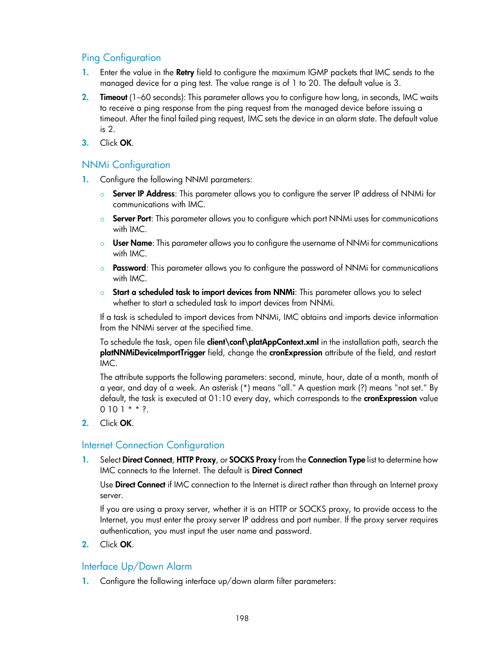 Ping configuration, Nnmi configuration, Internet connection configuration | Interface up/down alarm | H3C Technologies H3C Intelligent Management Center User Manual | Page 212 / 1065