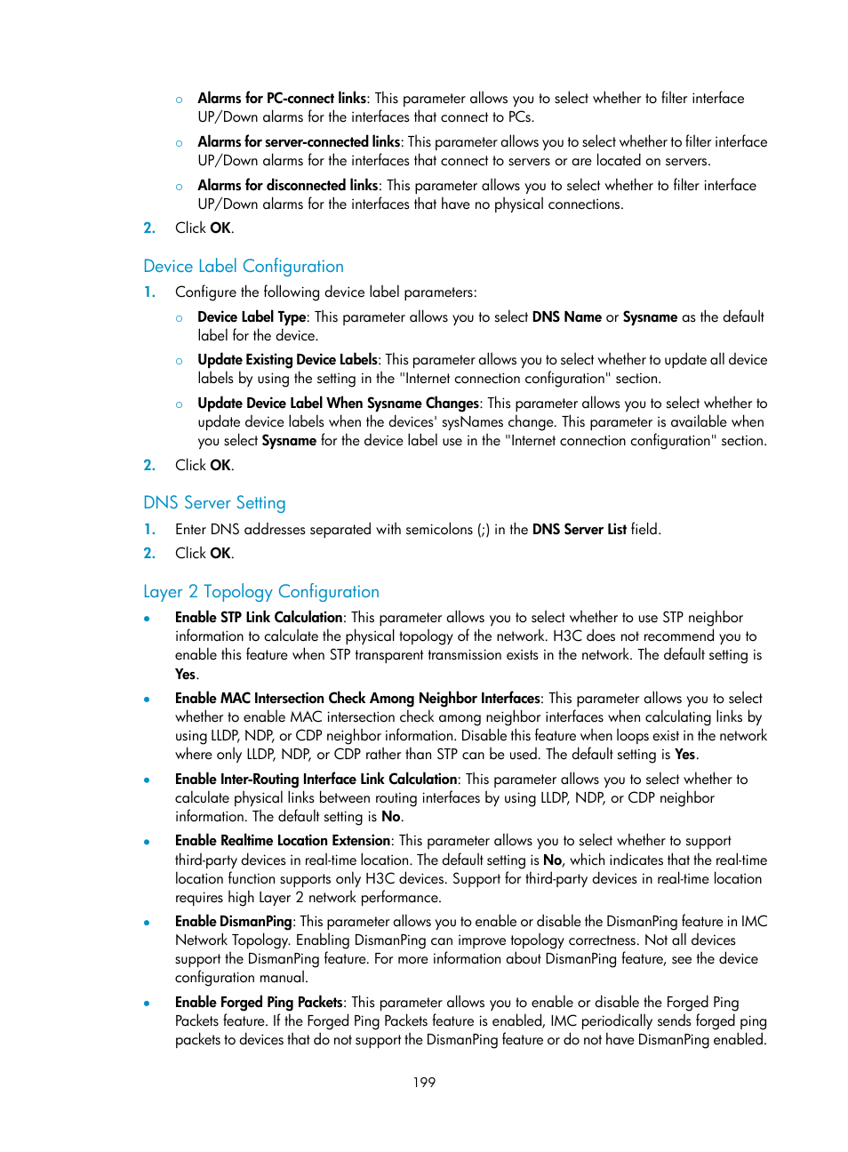 Device label configuration, Dns server setting, Layer 2 topology configuration | H3C Technologies H3C Intelligent Management Center User Manual | Page 213 / 1065