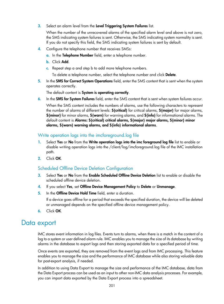 Scheduled offline device deletion configuration, Data export | H3C Technologies H3C Intelligent Management Center User Manual | Page 215 / 1065