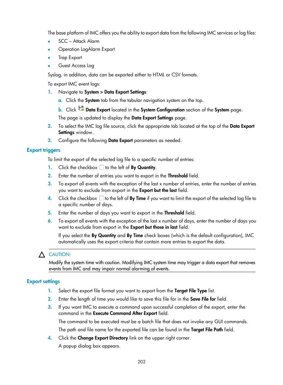 Export triggers, Export settings | H3C Technologies H3C Intelligent Management Center User Manual | Page 216 / 1065