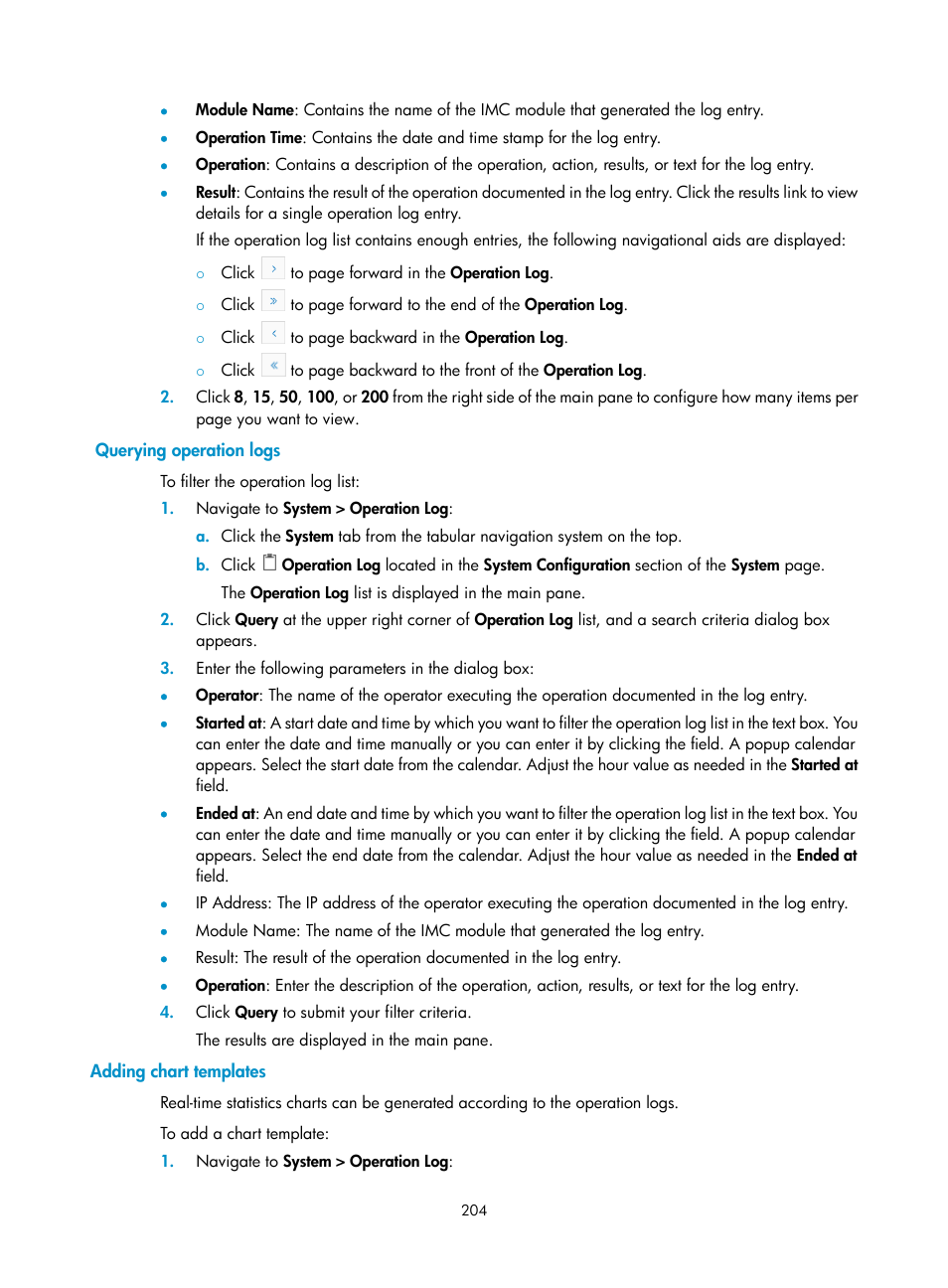 Querying operation logs, Adding chart templates | H3C Technologies H3C Intelligent Management Center User Manual | Page 218 / 1065