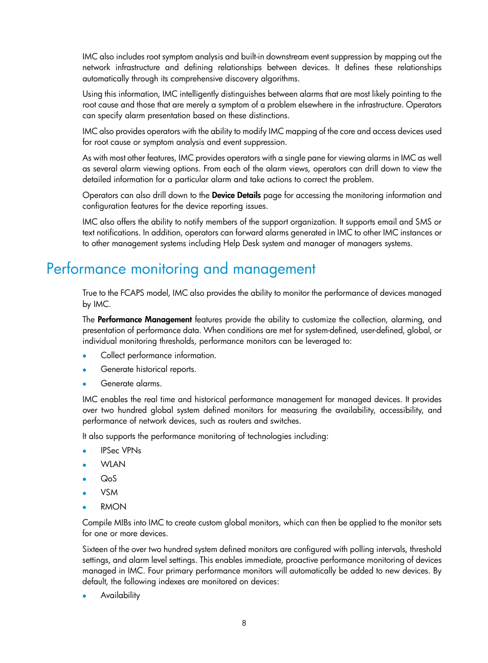 Performance monitoring and management | H3C Technologies H3C Intelligent Management Center User Manual | Page 22 / 1065
