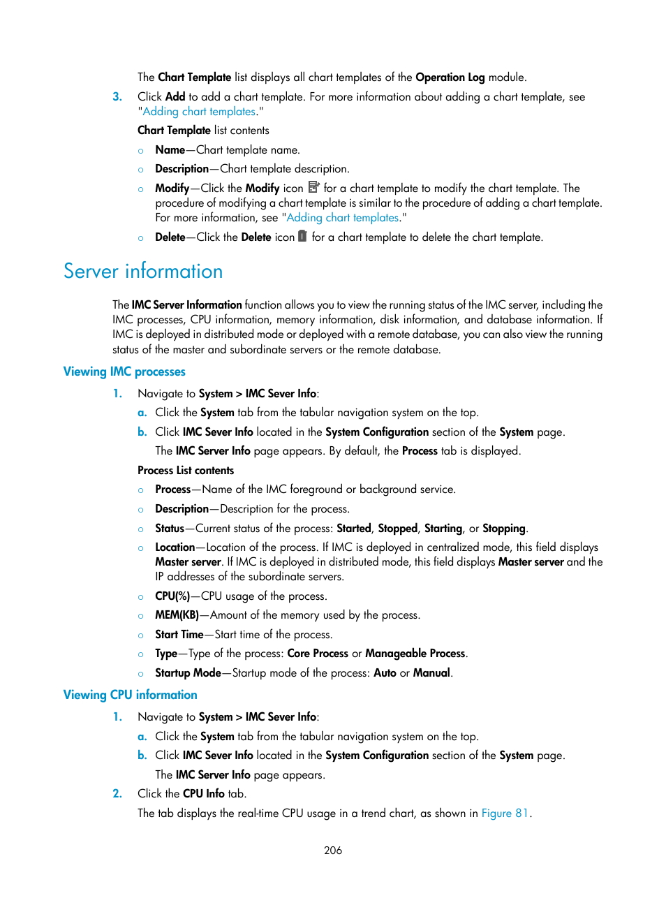 Server information, Viewing imc processes, Viewing cpu information | H3C Technologies H3C Intelligent Management Center User Manual | Page 220 / 1065