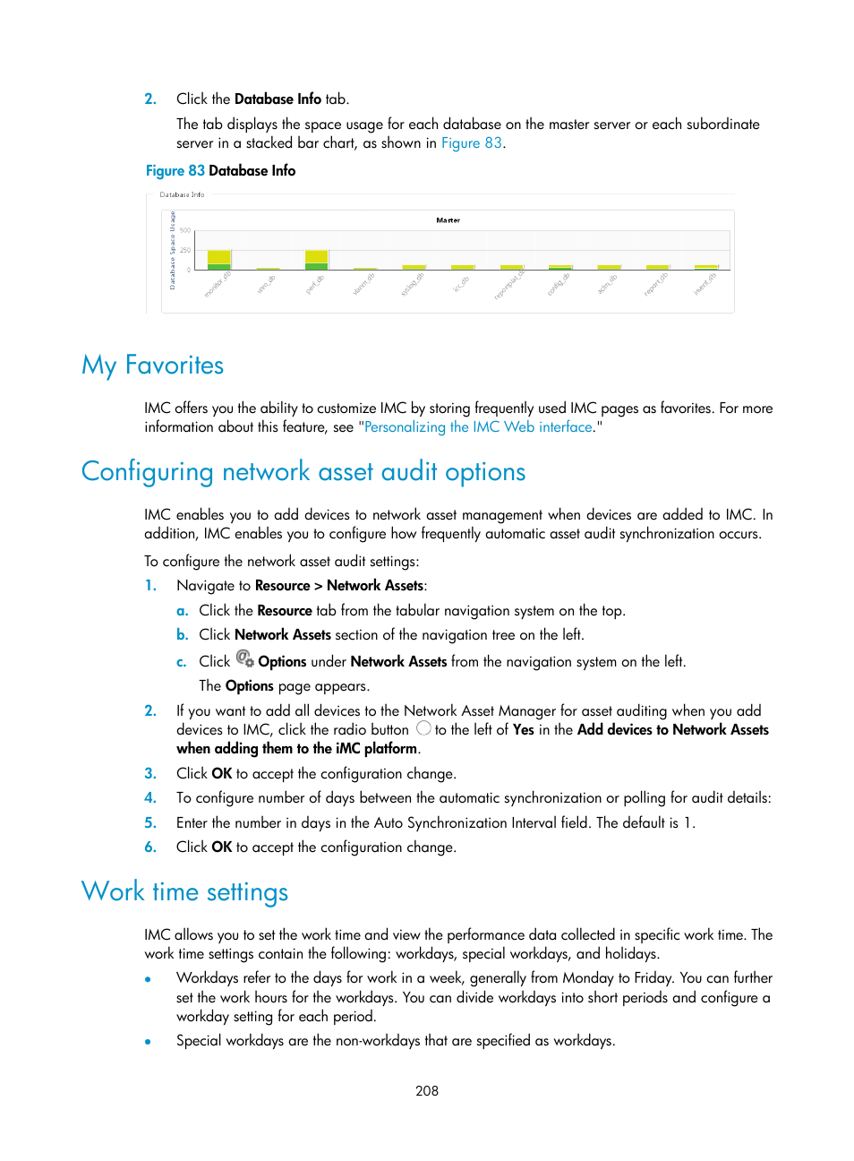 My favorites, Configuring network asset audit options, Work time settings | H3C Technologies H3C Intelligent Management Center User Manual | Page 222 / 1065