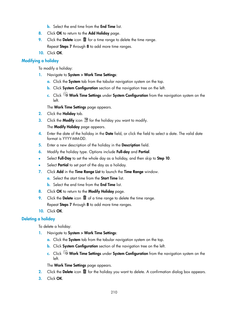 Modifying a holiday, Deleting a holiday | H3C Technologies H3C Intelligent Management Center User Manual | Page 224 / 1065