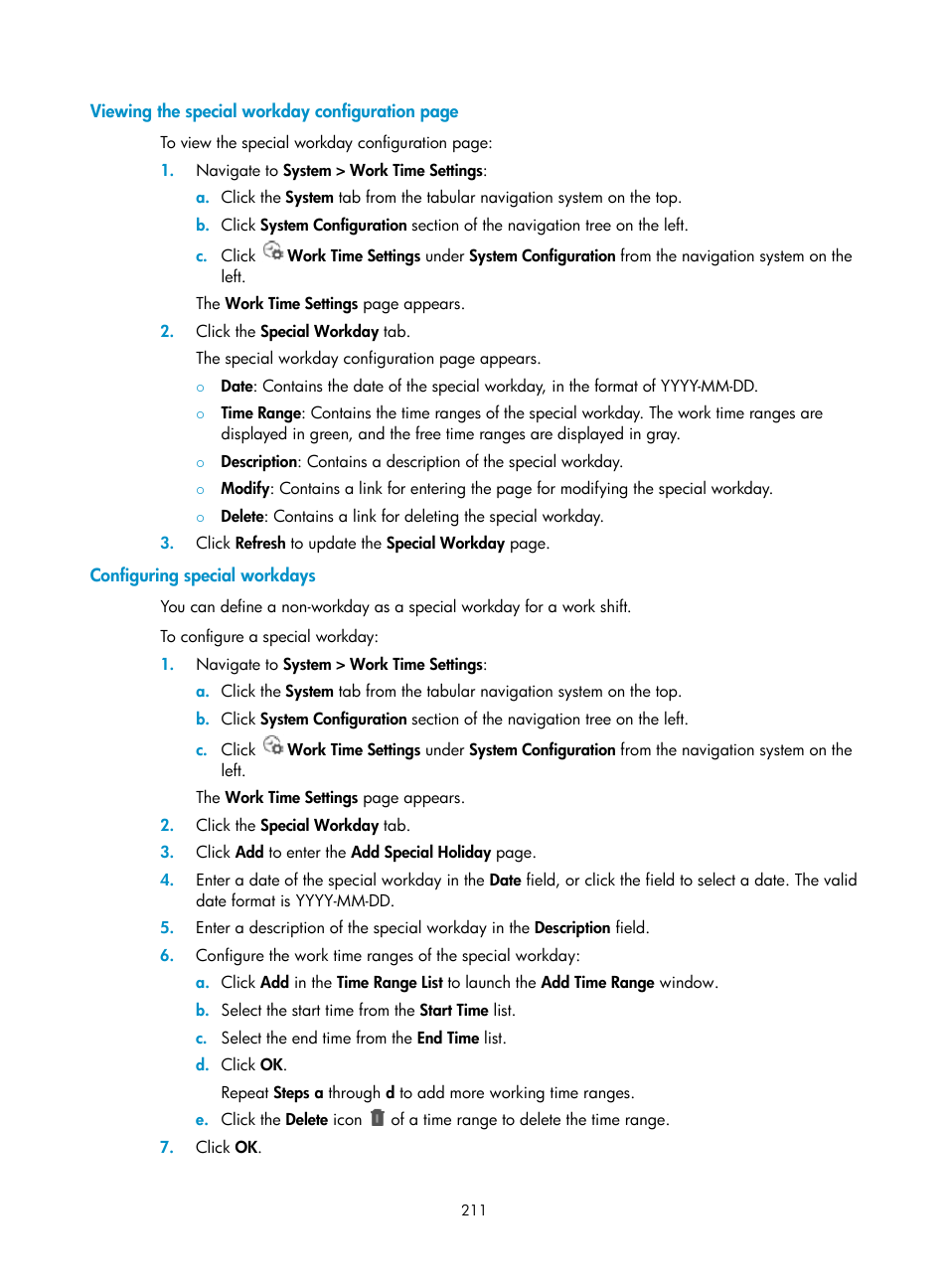 Configuring special workdays | H3C Technologies H3C Intelligent Management Center User Manual | Page 225 / 1065
