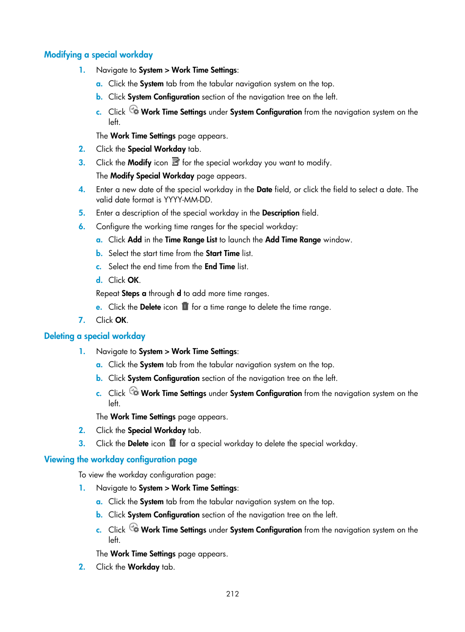 Modifying a special workday, Deleting a special workday | H3C Technologies H3C Intelligent Management Center User Manual | Page 226 / 1065