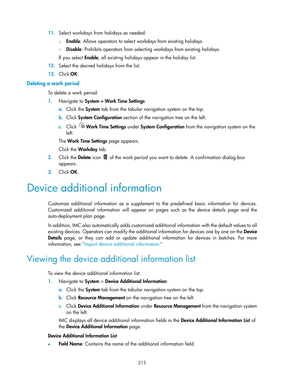 Deleting a work period, Device additional information, Viewing the device additional information list | H3C Technologies H3C Intelligent Management Center User Manual | Page 229 / 1065