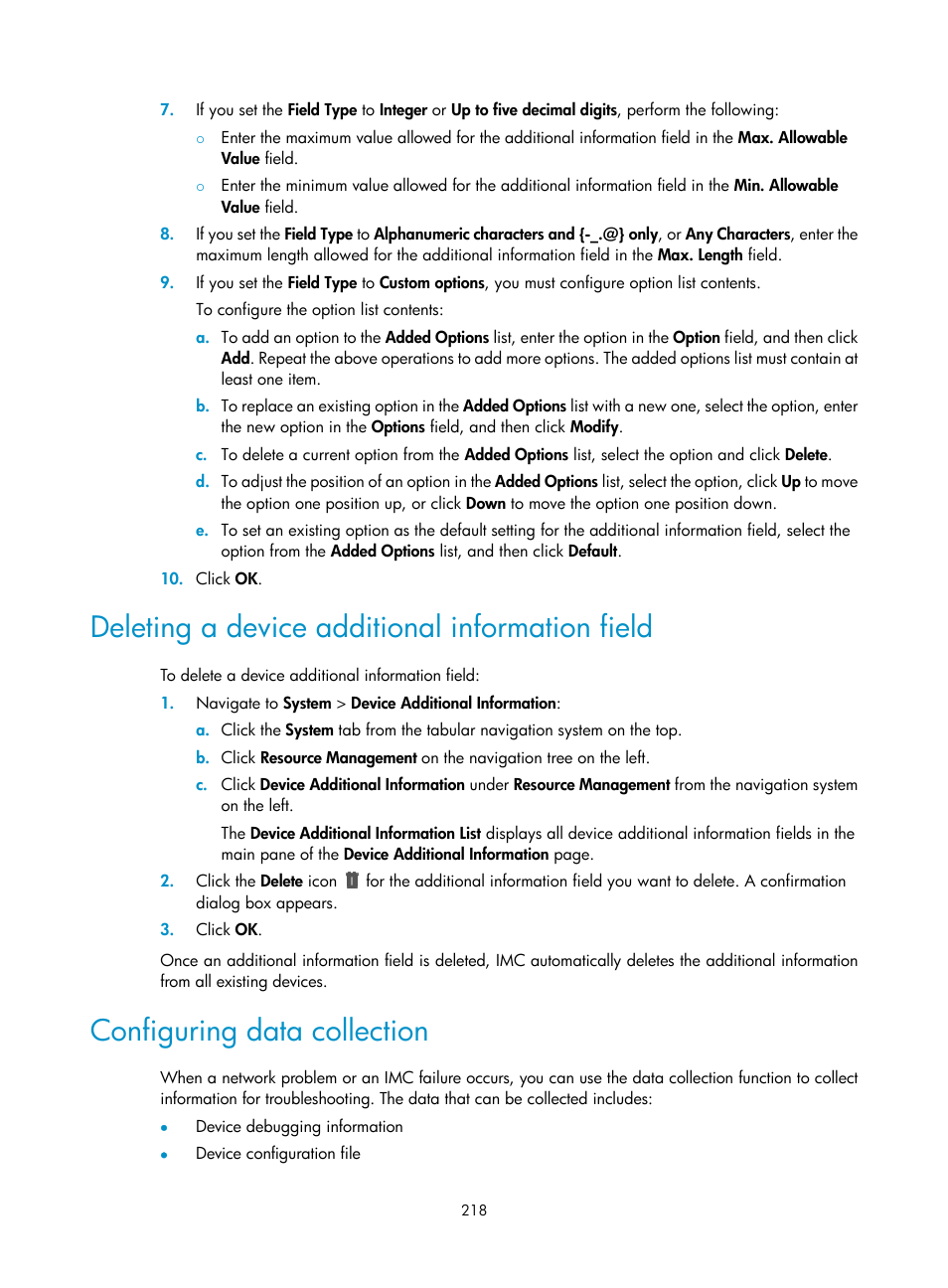 Deleting a device additional information field, Configuring data collection | H3C Technologies H3C Intelligent Management Center User Manual | Page 232 / 1065