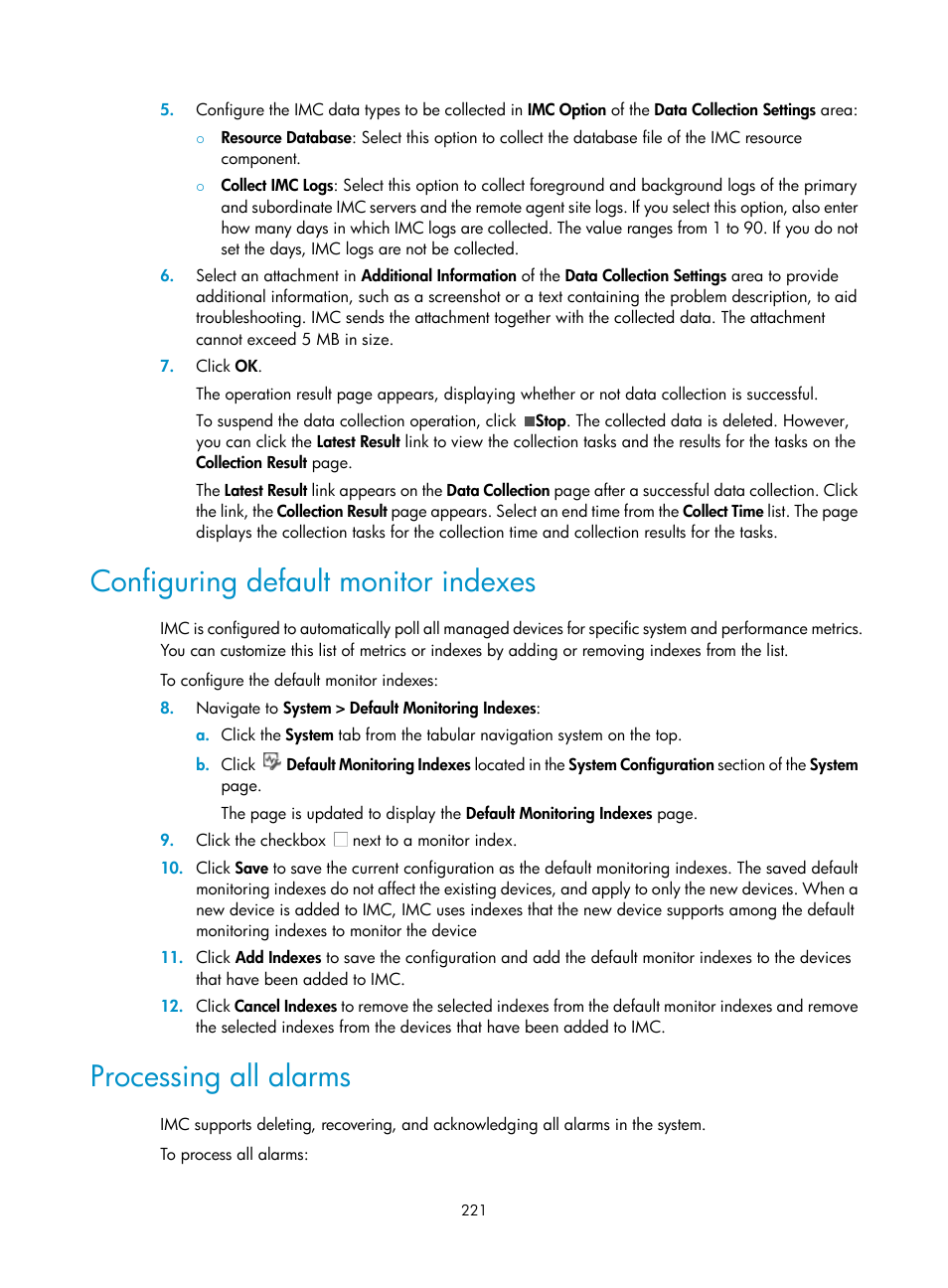 Configuring default monitor indexes, Processing all alarms | H3C Technologies H3C Intelligent Management Center User Manual | Page 235 / 1065