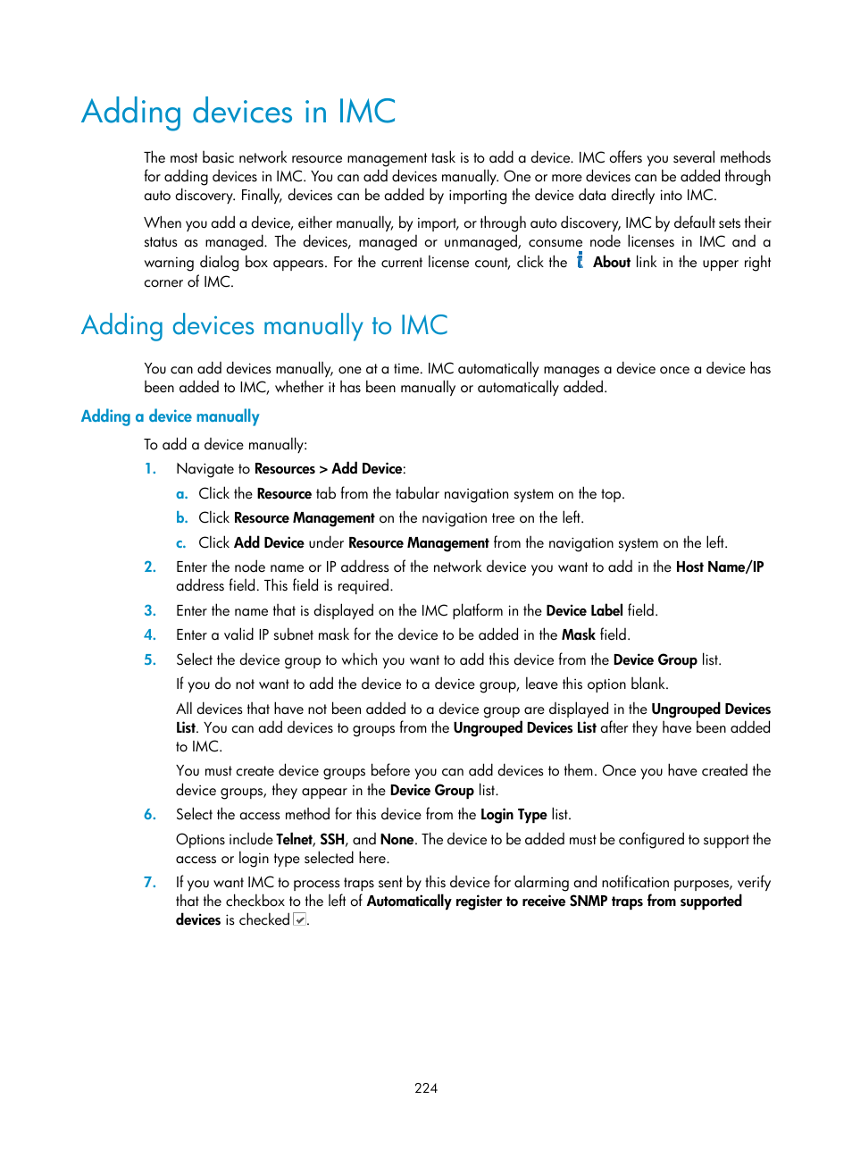 Adding devices in imc, Adding devices manually to imc, Adding a device manually | Add devices, see | H3C Technologies H3C Intelligent Management Center User Manual | Page 238 / 1065