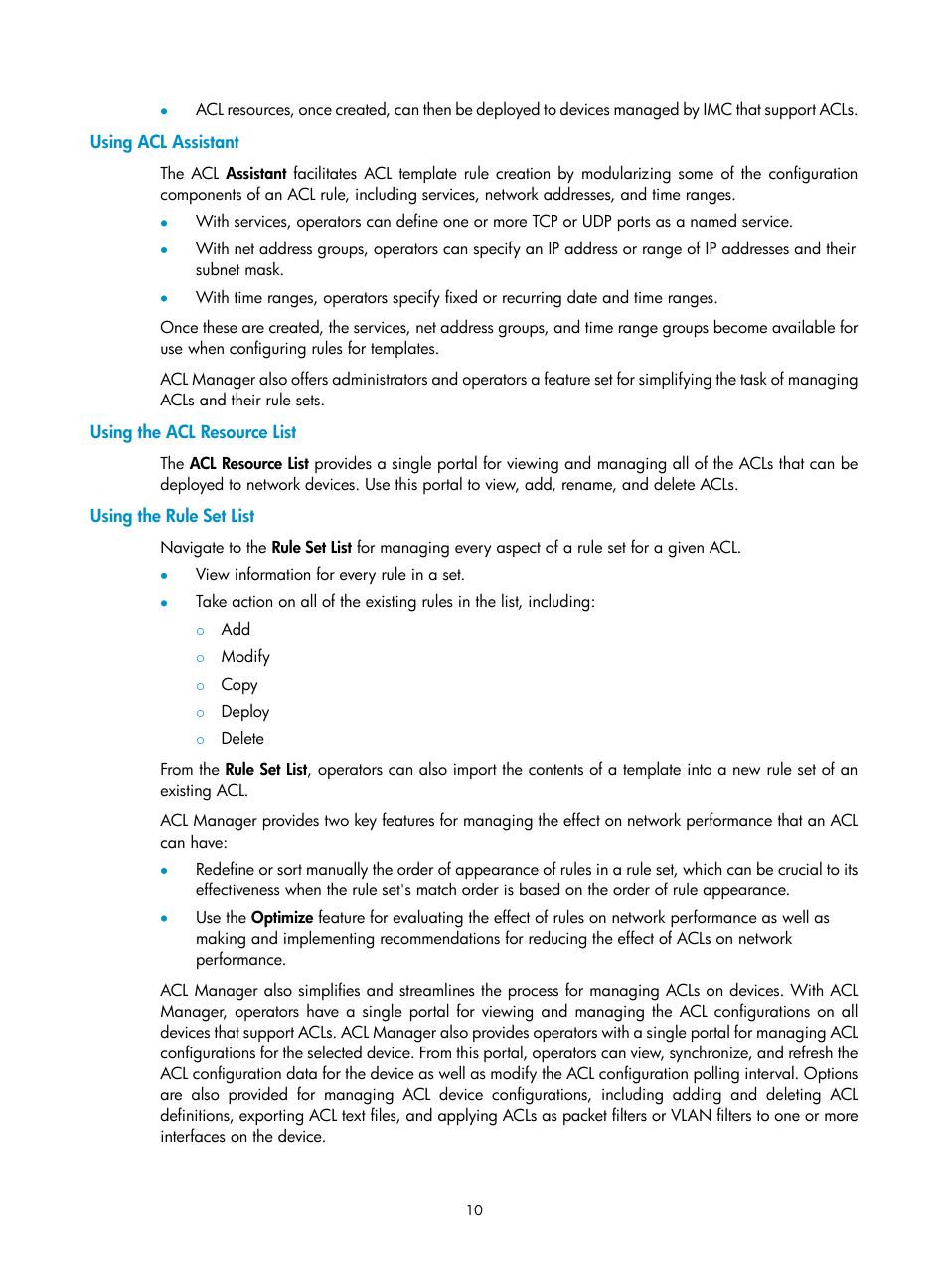 Using acl assistant, Using the acl resource list, Using the rule set list | H3C Technologies H3C Intelligent Management Center User Manual | Page 24 / 1065