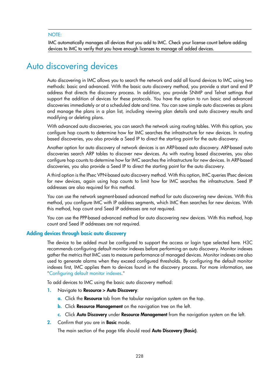 Auto discovering devices, Adding devices through basic auto discovery | H3C Technologies H3C Intelligent Management Center User Manual | Page 242 / 1065
