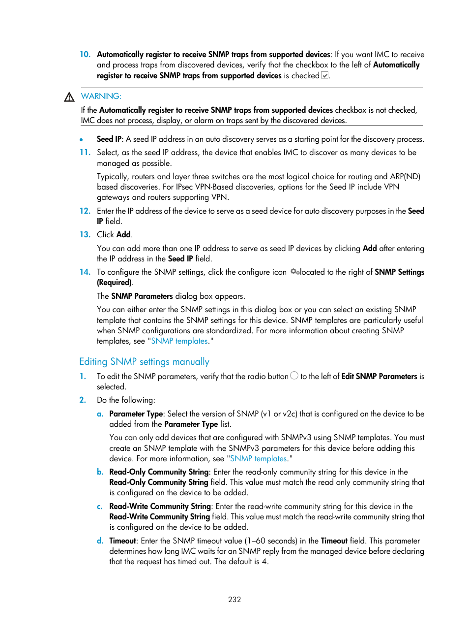 Editing snmp settings manually | H3C Technologies H3C Intelligent Management Center User Manual | Page 246 / 1065