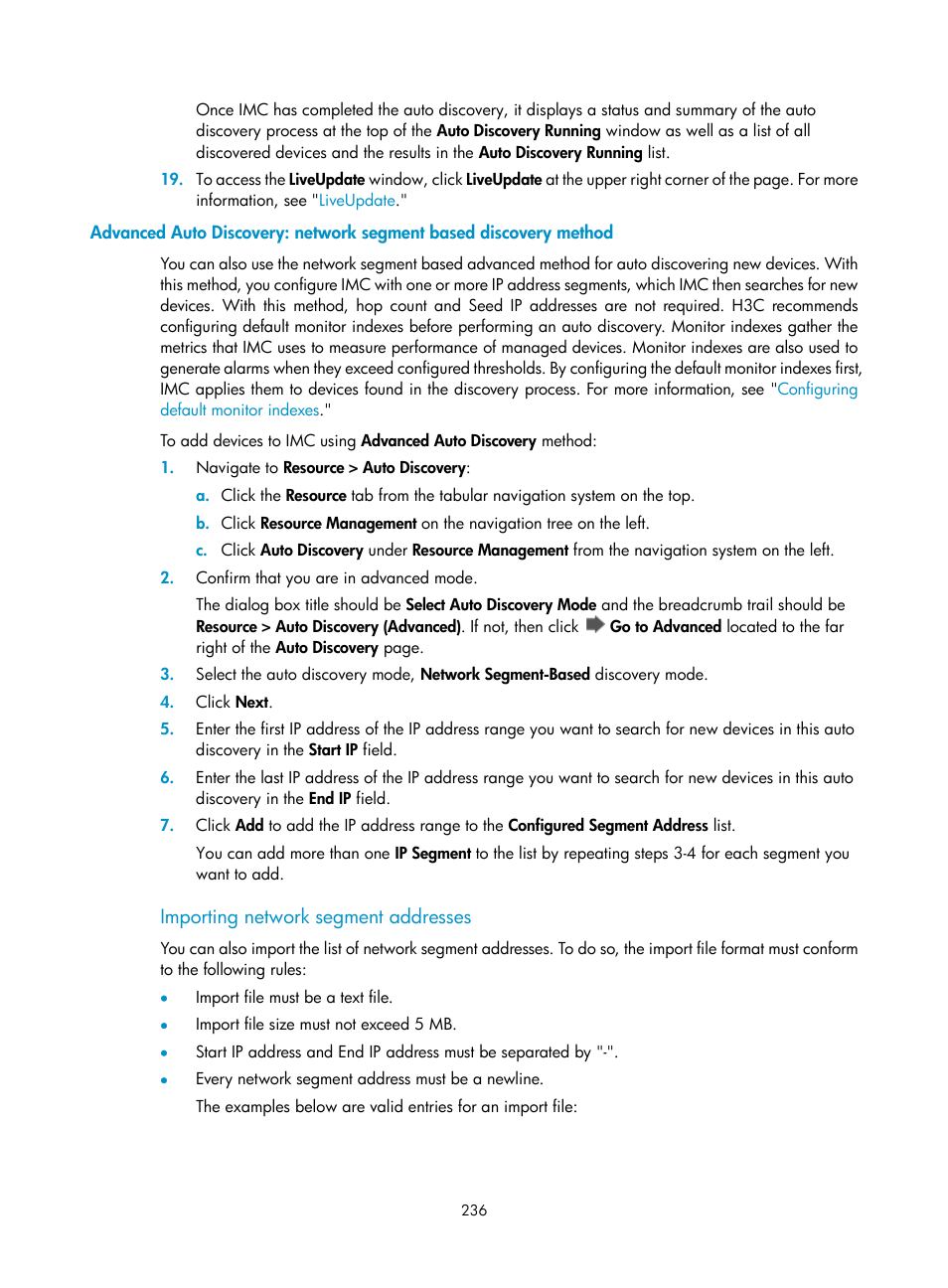 Importing network segment addresses | H3C Technologies H3C Intelligent Management Center User Manual | Page 250 / 1065