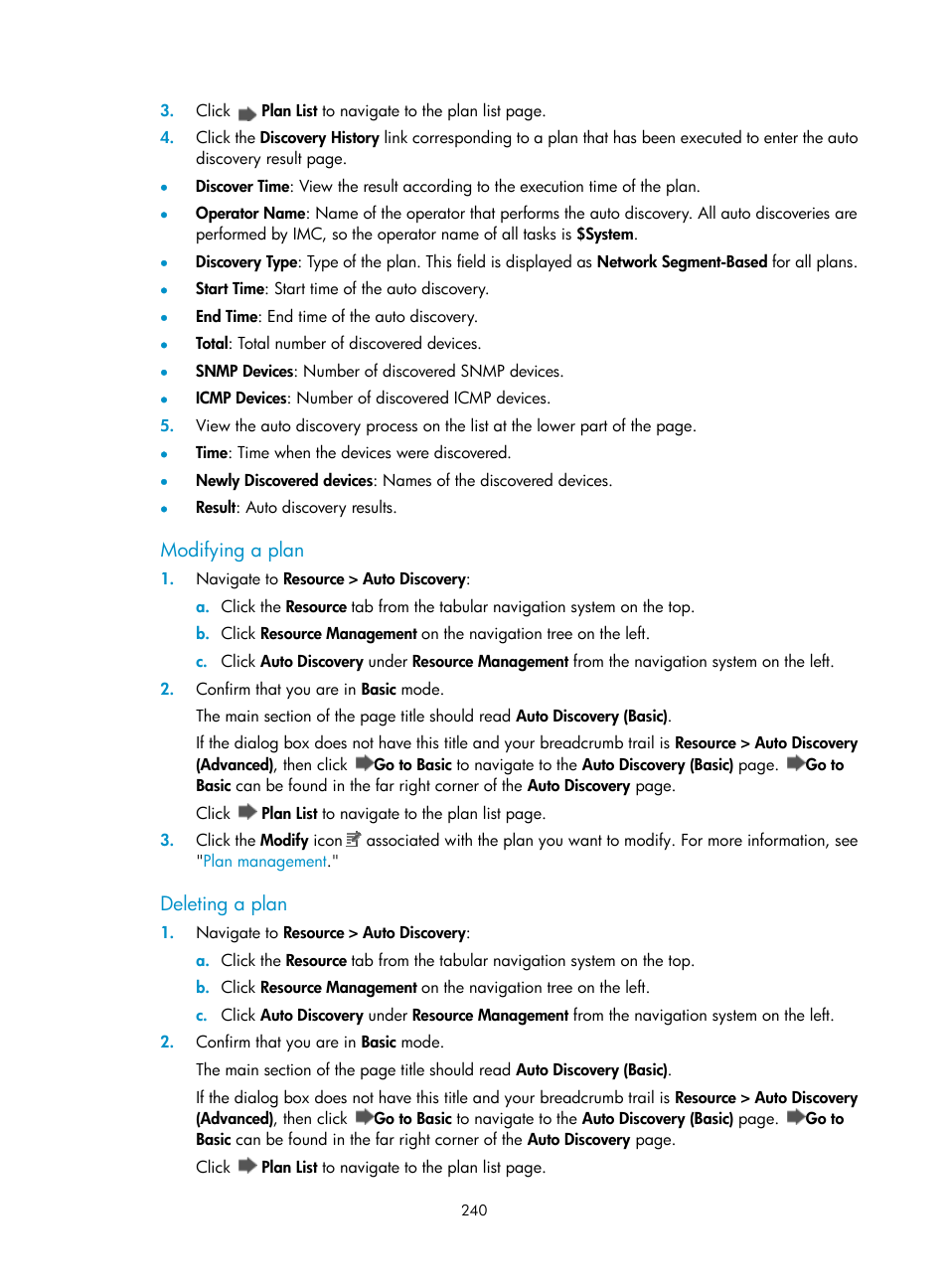 Modifying a plan, Deleting a plan | H3C Technologies H3C Intelligent Management Center User Manual | Page 254 / 1065