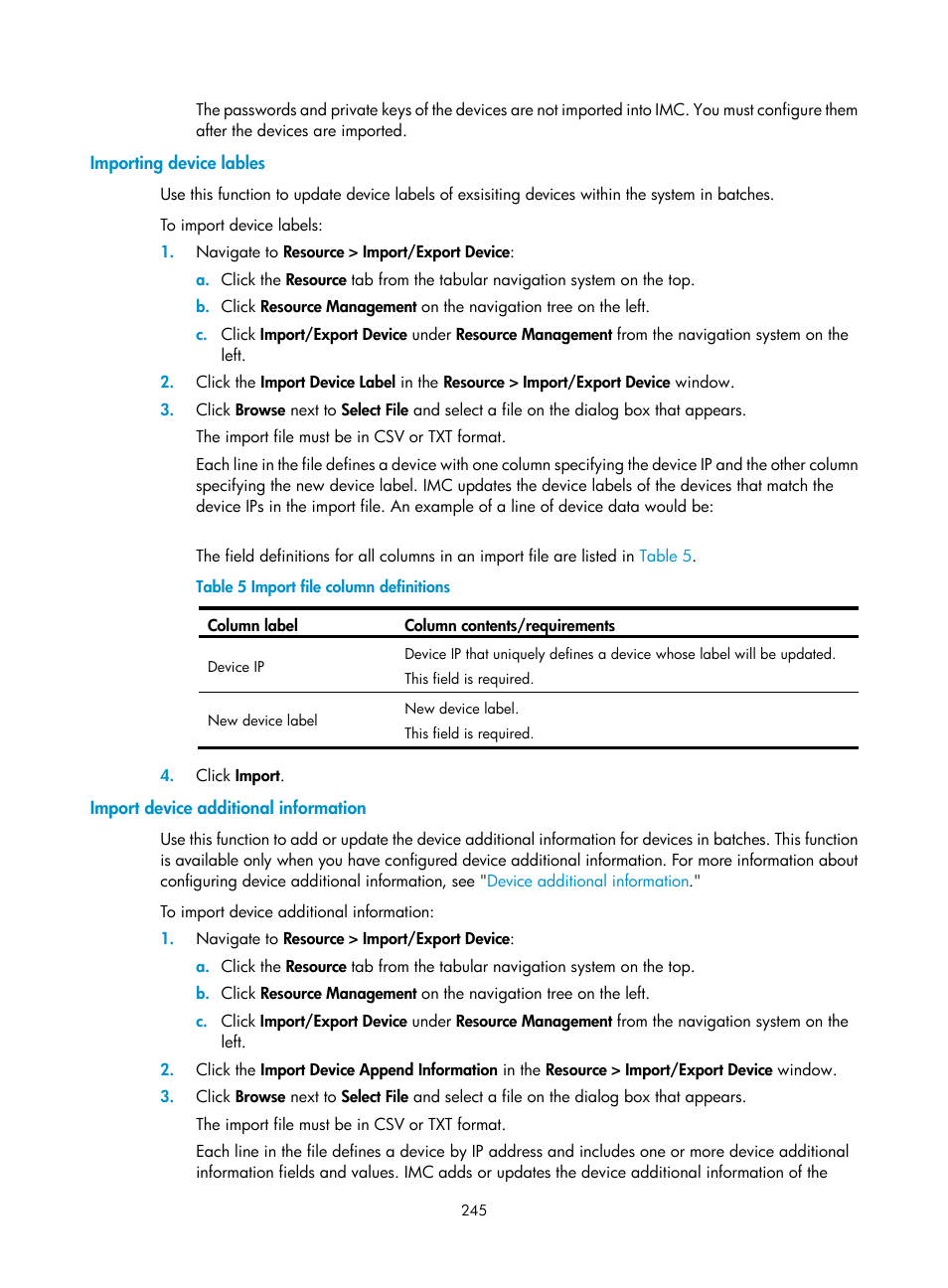 Importing device lables, Import device additional information | H3C Technologies H3C Intelligent Management Center User Manual | Page 259 / 1065