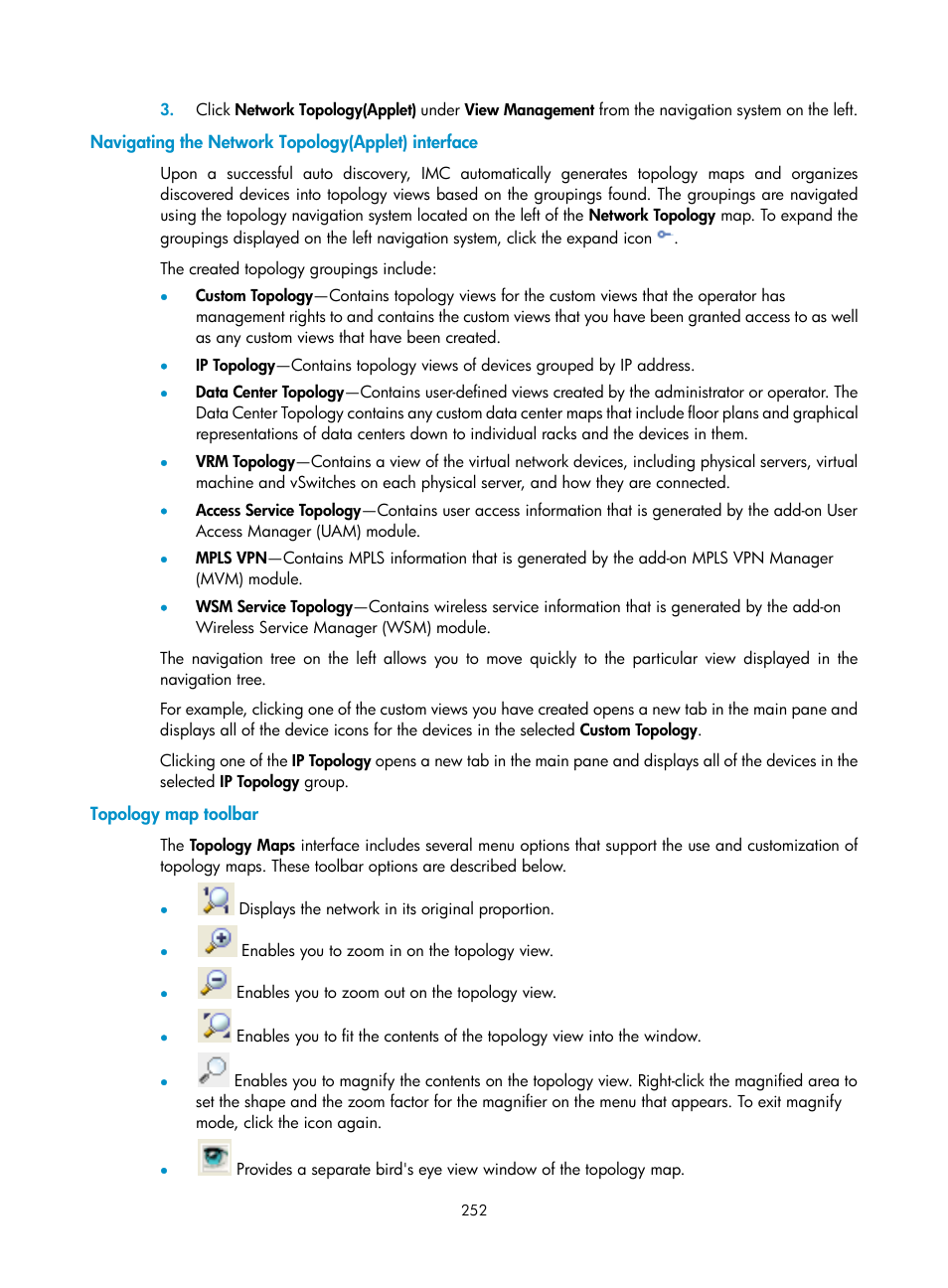 Navigating the network topology(applet) interface, Topology map toolbar | H3C Technologies H3C Intelligent Management Center User Manual | Page 266 / 1065