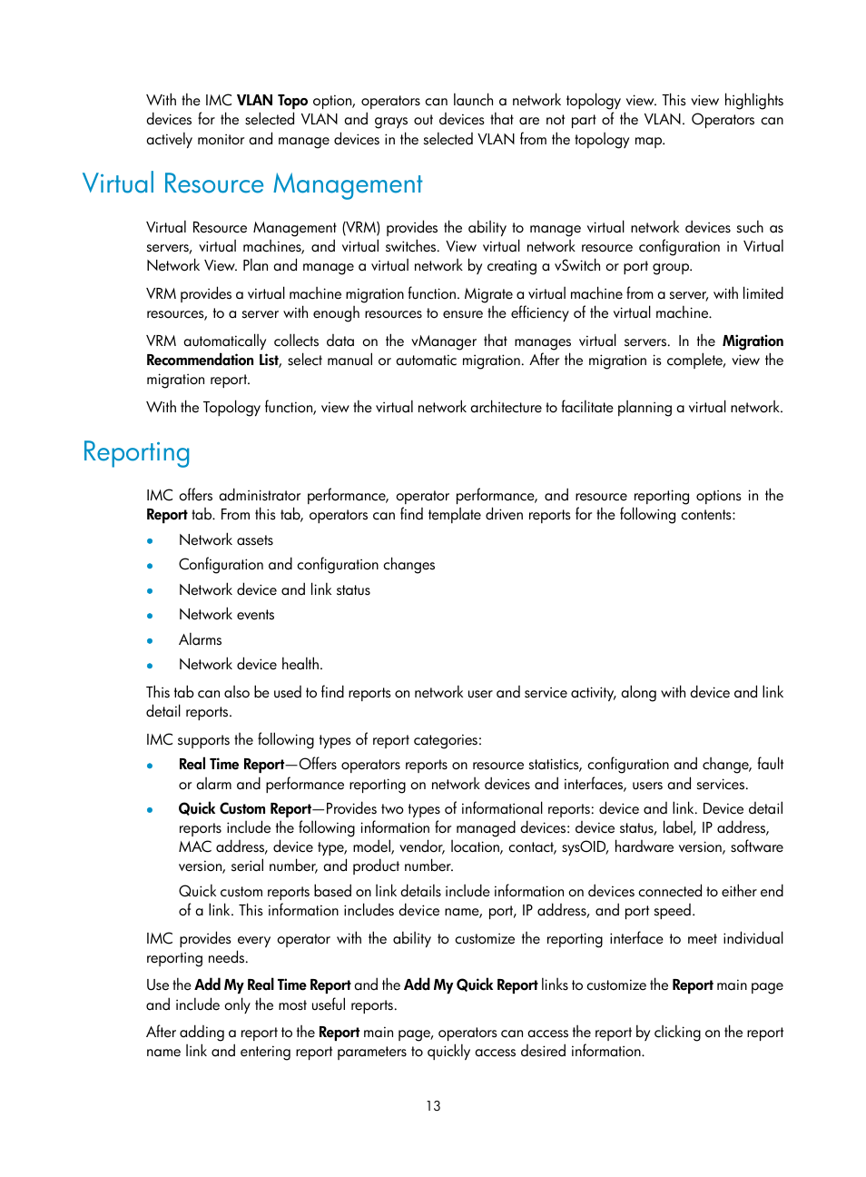 Virtual resource management, Reporting | H3C Technologies H3C Intelligent Management Center User Manual | Page 27 / 1065