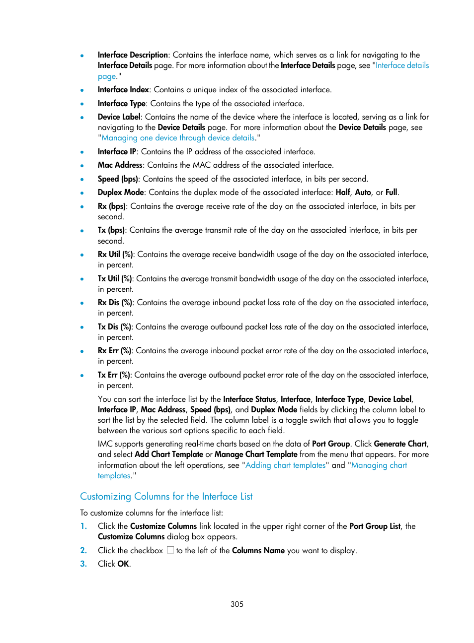 Customizing columns for the interface list | H3C Technologies H3C Intelligent Management Center User Manual | Page 319 / 1065