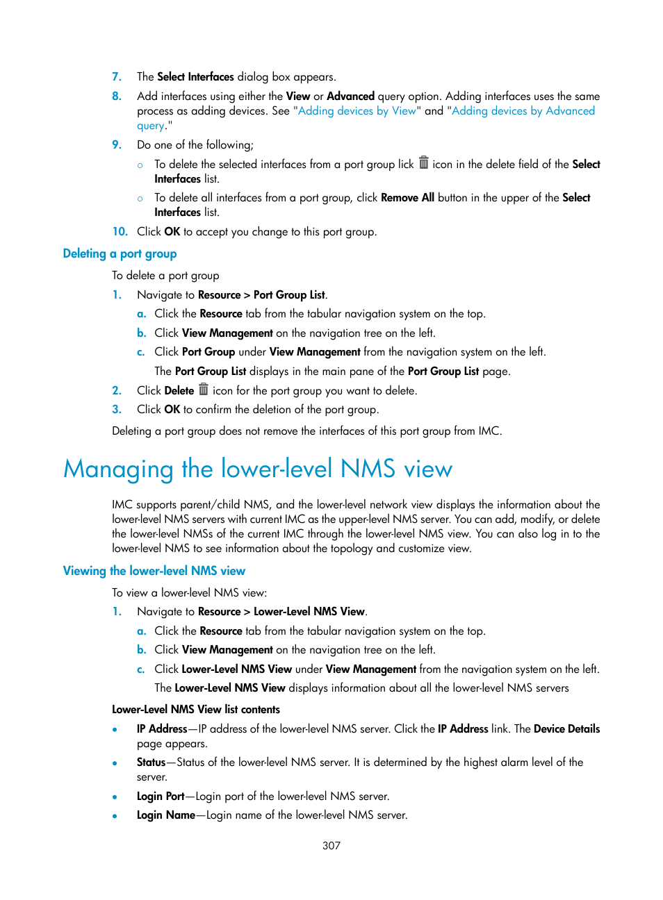 Deleting a port group, Managing the lower-level nms view, Viewing the lower-level nms view | H3C Technologies H3C Intelligent Management Center User Manual | Page 321 / 1065