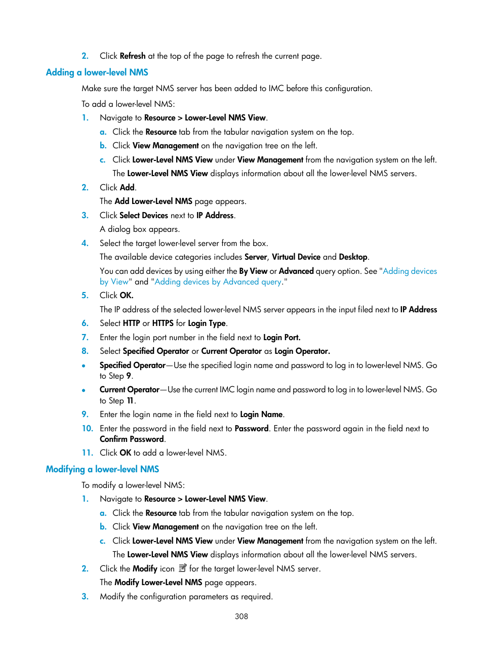 Adding a lower-level nms, Modifying a lower-level nms | H3C Technologies H3C Intelligent Management Center User Manual | Page 322 / 1065