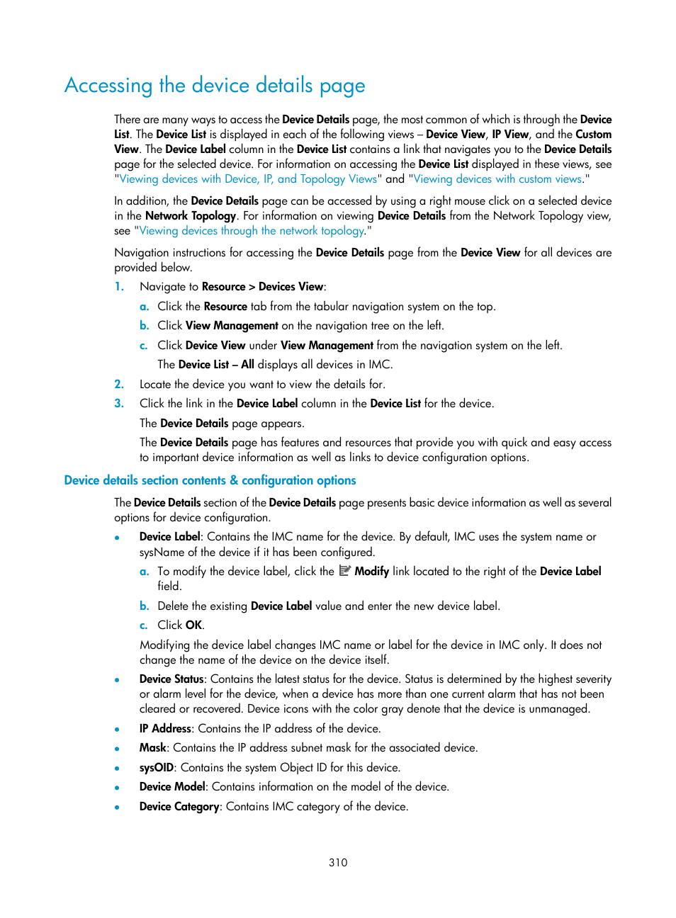 Accessing the, Accessing the device details page | H3C Technologies H3C Intelligent Management Center User Manual | Page 324 / 1065