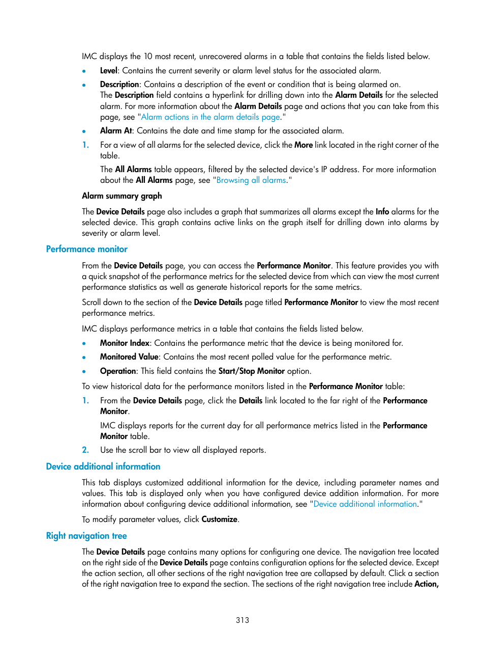 Performance monitor, Device additional information, Right navigation tree | H3C Technologies H3C Intelligent Management Center User Manual | Page 327 / 1065