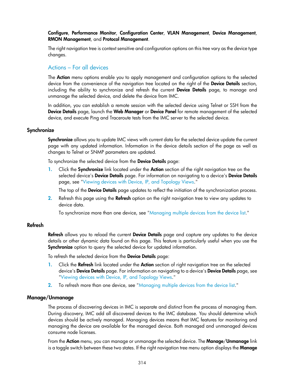 Actions – for all devices, Synchronize, Refresh | Manage/unmanage | H3C Technologies H3C Intelligent Management Center User Manual | Page 328 / 1065
