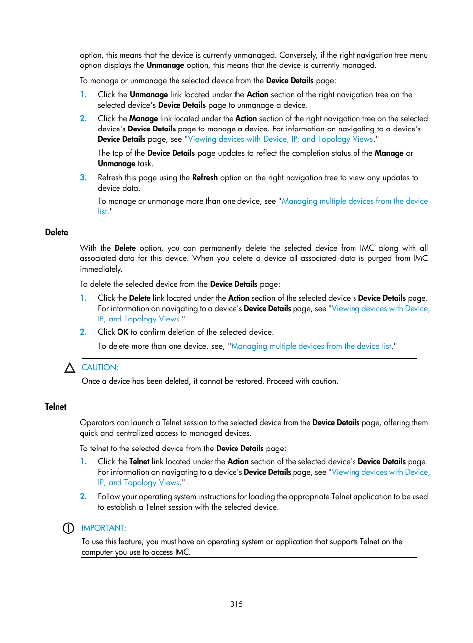 Delete, Telnet | H3C Technologies H3C Intelligent Management Center User Manual | Page 329 / 1065