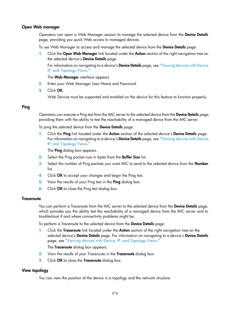 Open web manager, Ping, Traceroute | View topology | H3C Technologies H3C Intelligent Management Center User Manual | Page 330 / 1065