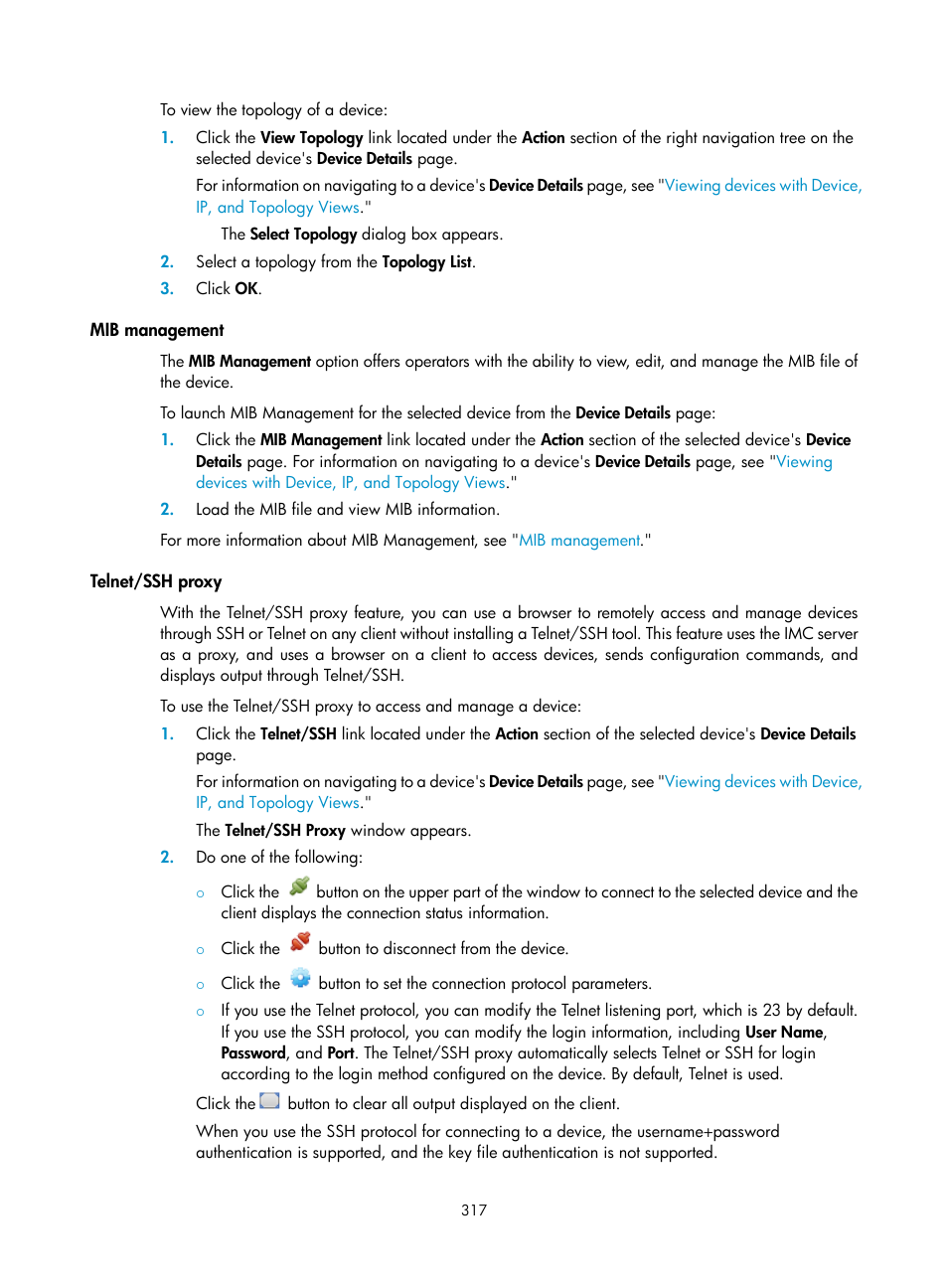 Mib management, Telnet/ssh proxy | H3C Technologies H3C Intelligent Management Center User Manual | Page 331 / 1065