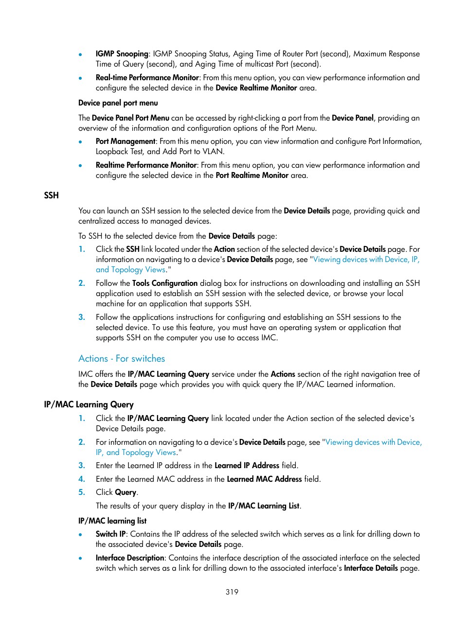 Actions - for switches, Ip/mac learning query | H3C Technologies H3C Intelligent Management Center User Manual | Page 333 / 1065