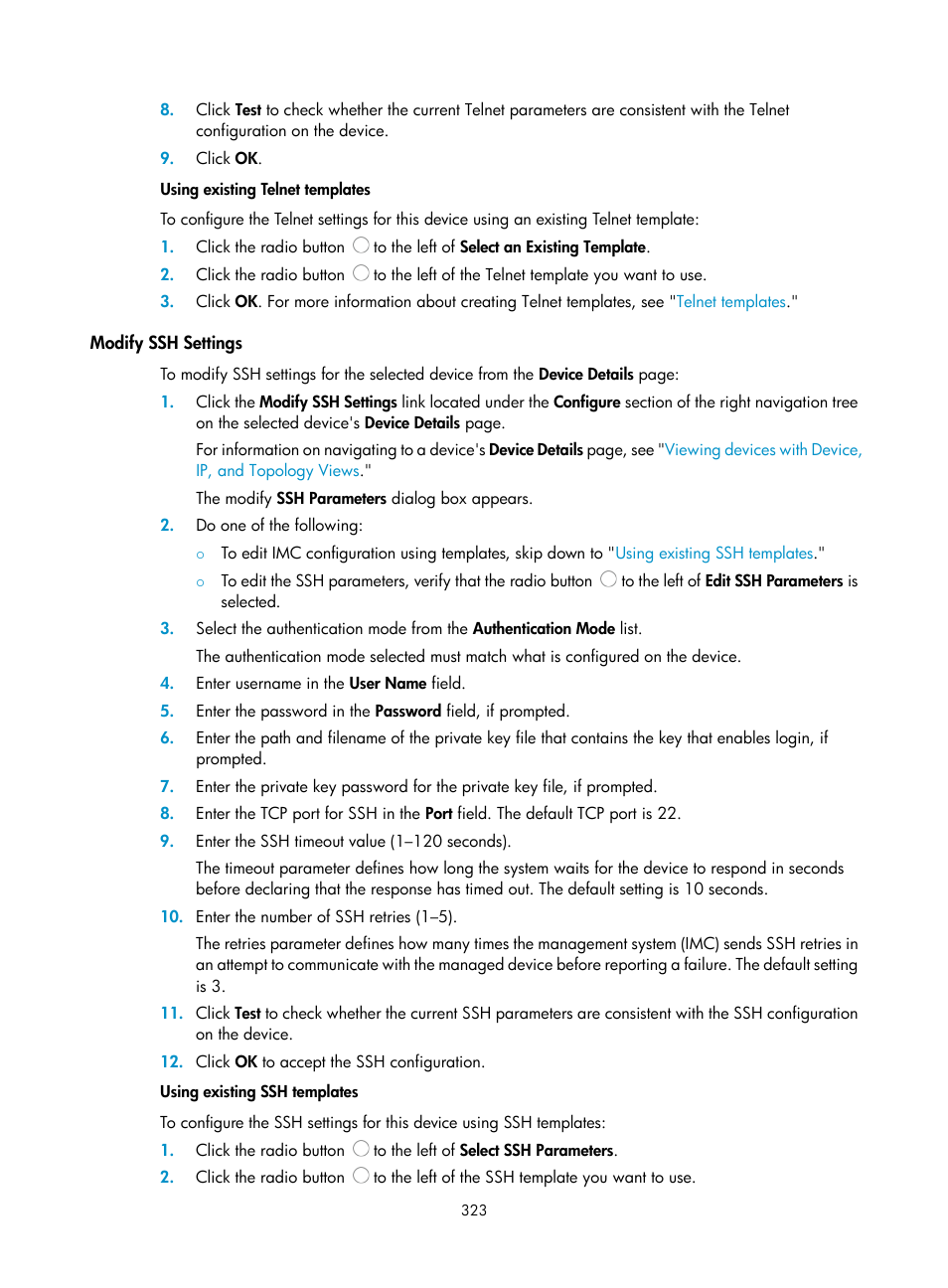 Modify ssh settings | H3C Technologies H3C Intelligent Management Center User Manual | Page 337 / 1065