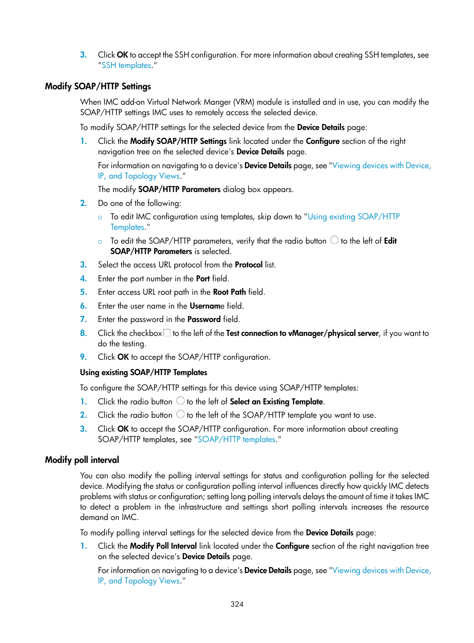 Modify soap/http settings, Modify poll interval | H3C Technologies H3C Intelligent Management Center User Manual | Page 338 / 1065