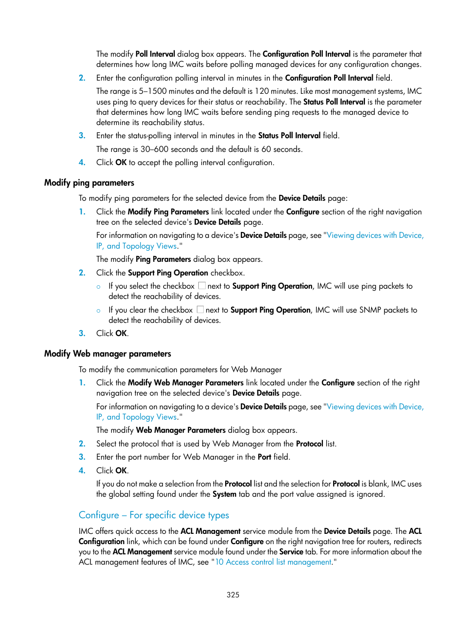 Modify ping parameters, Modify web manager parameters, Configure – for specific device types | H3C Technologies H3C Intelligent Management Center User Manual | Page 339 / 1065