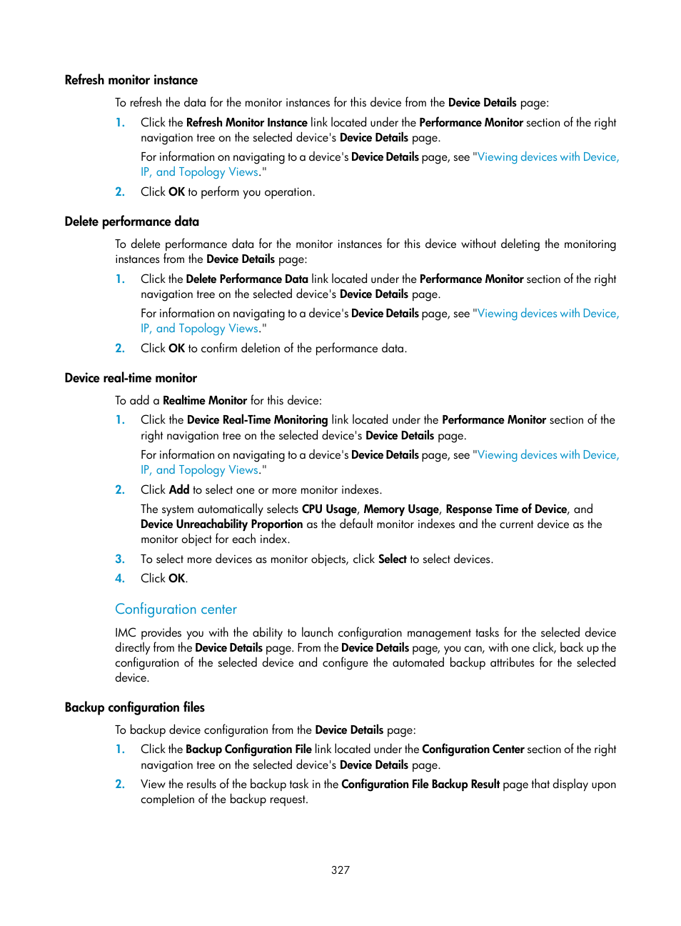 Refresh monitor instance, Delete performance data, Device real-time monitor | Configuration center, Backup configuration files | H3C Technologies H3C Intelligent Management Center User Manual | Page 341 / 1065