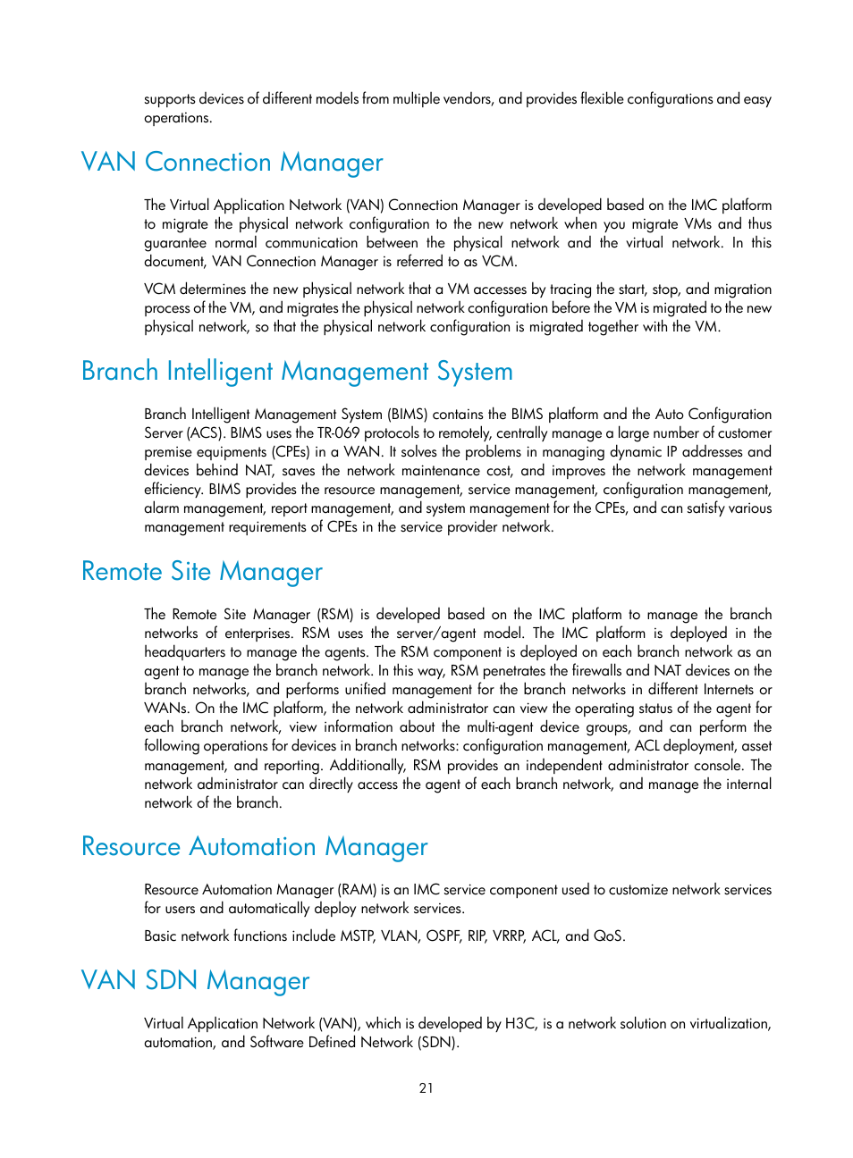 Van connection manager, Branch intelligent management system, Remote site manager | Resource automation manager, Van sdn manager | H3C Technologies H3C Intelligent Management Center User Manual | Page 35 / 1065