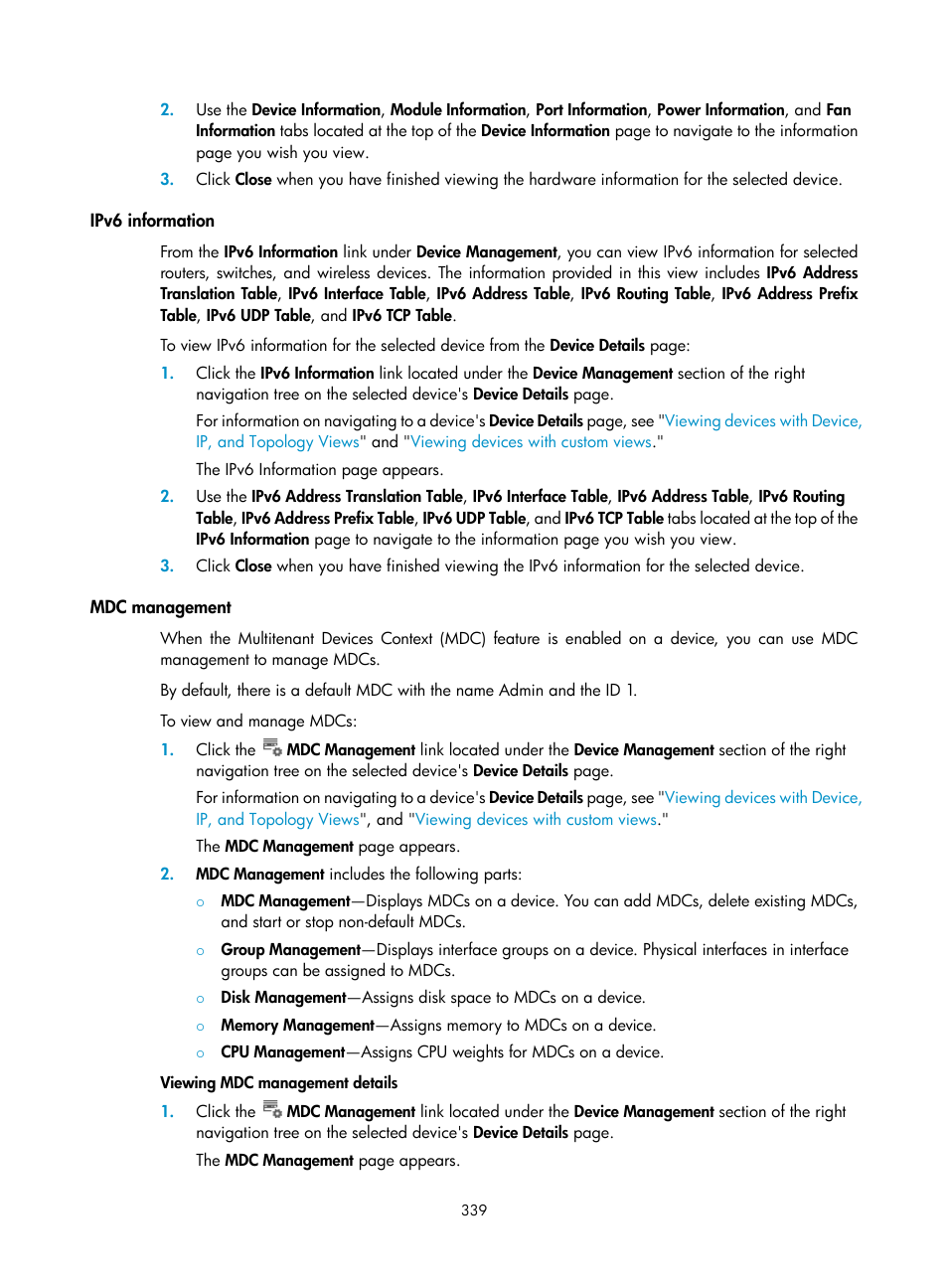 Ipv6 information, Mdc management | H3C Technologies H3C Intelligent Management Center User Manual | Page 353 / 1065