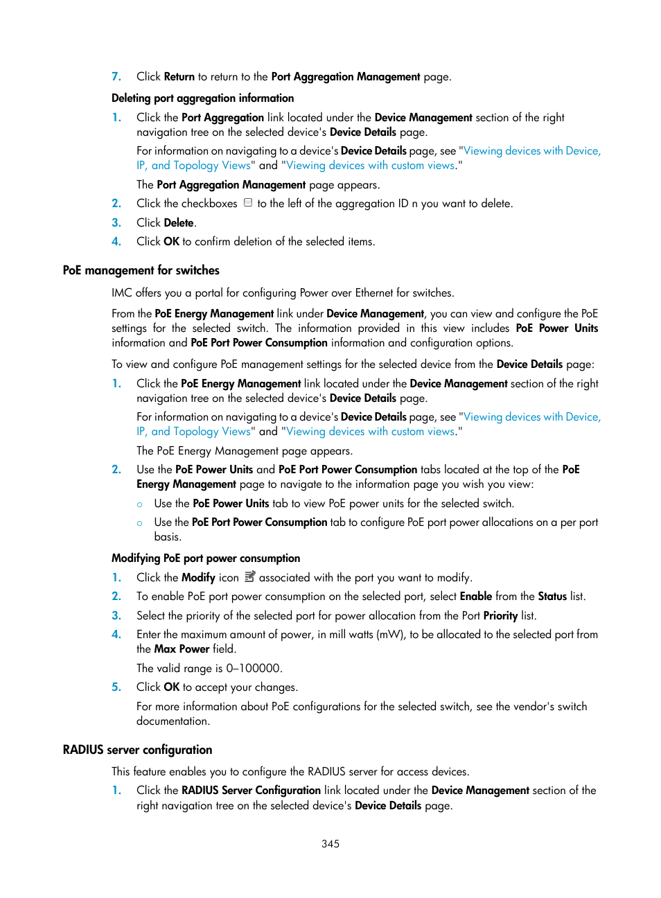 Poe management for switches, Radius server configuration | H3C Technologies H3C Intelligent Management Center User Manual | Page 359 / 1065