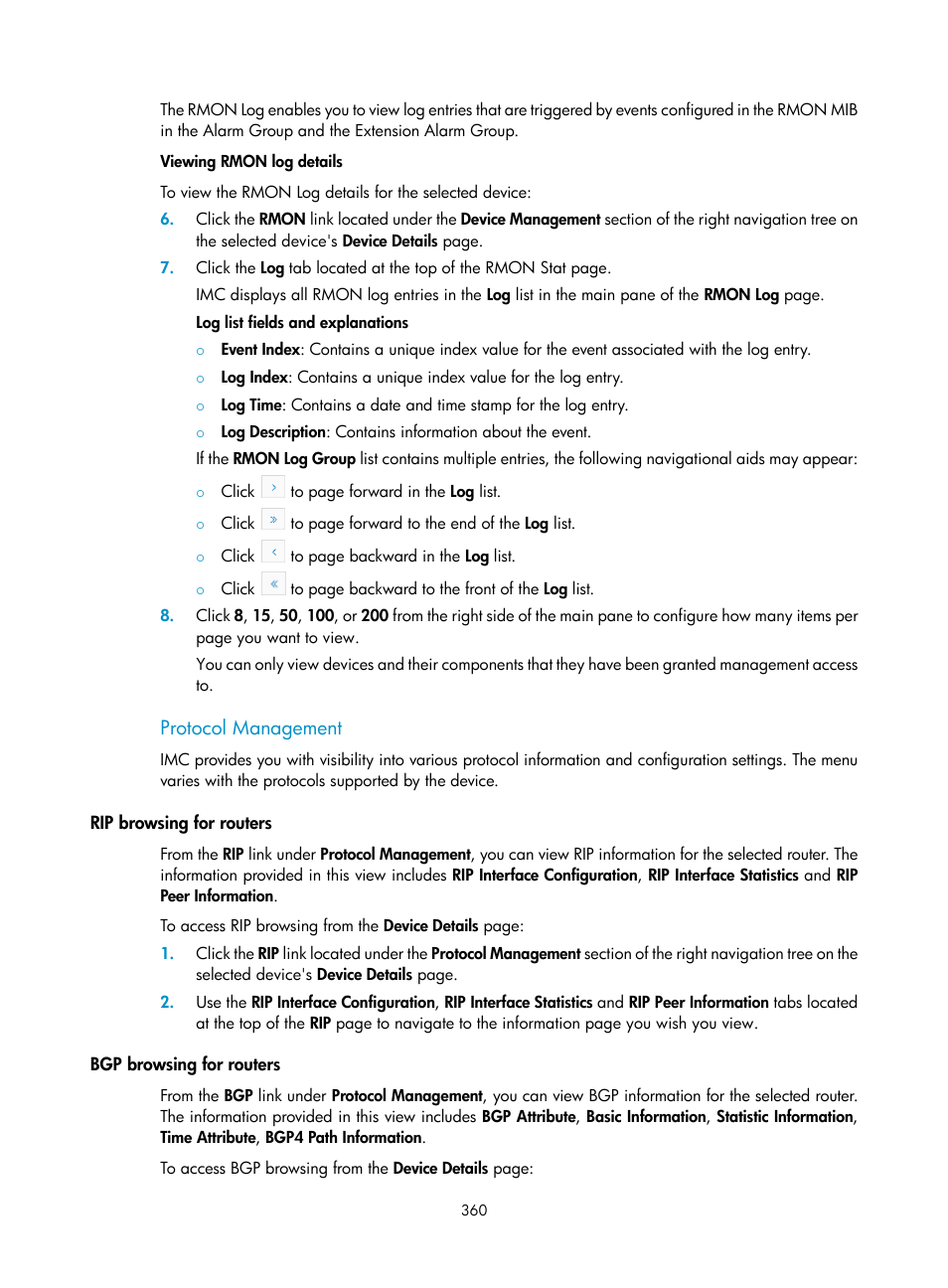 Protocol management, Rip browsing for routers, Bgp browsing for routers | H3C Technologies H3C Intelligent Management Center User Manual | Page 374 / 1065