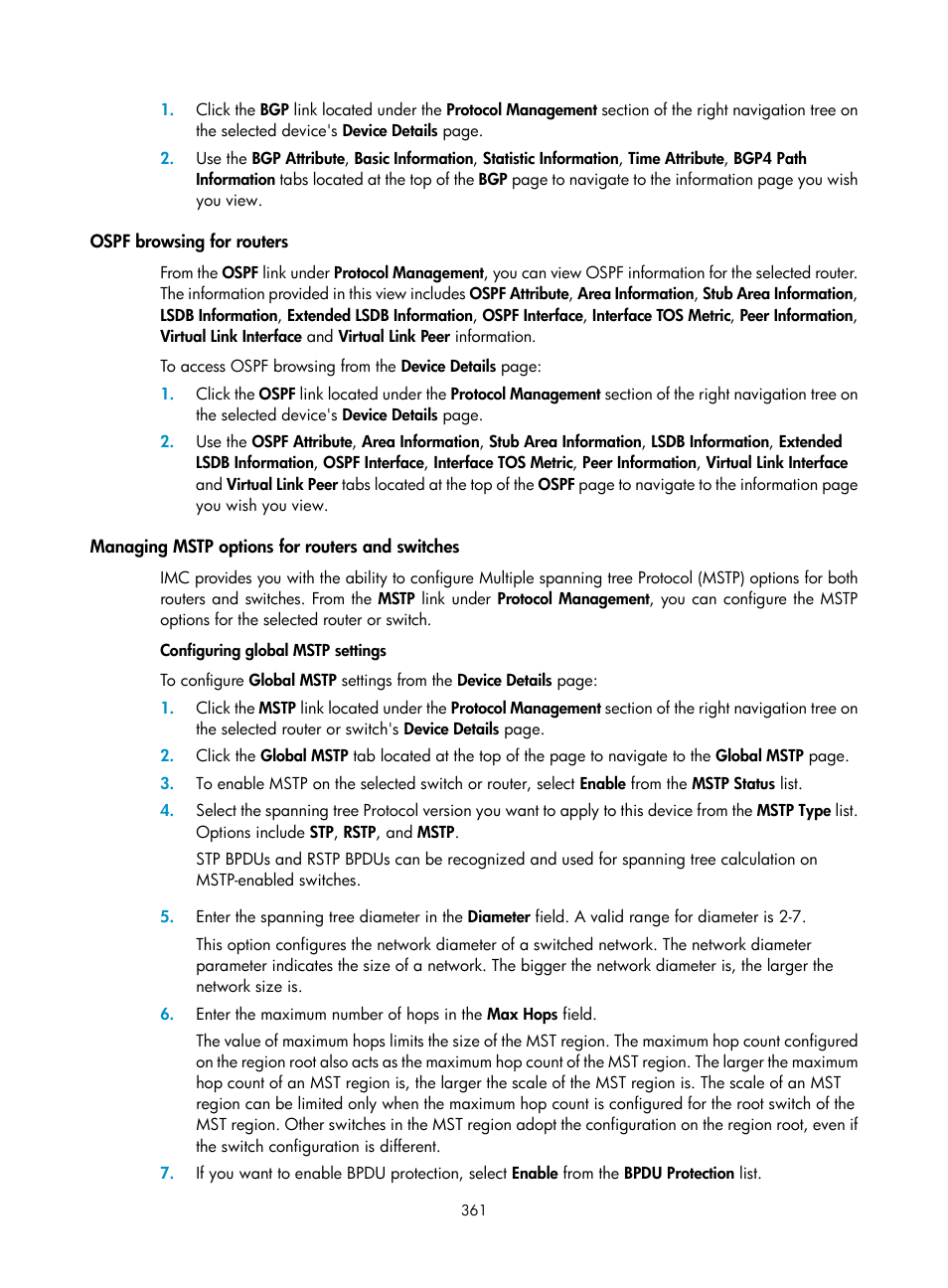 Ospf browsing for routers, Managing mstp options for routers and switches, Managing mstp | Options for routers and switches | H3C Technologies H3C Intelligent Management Center User Manual | Page 375 / 1065