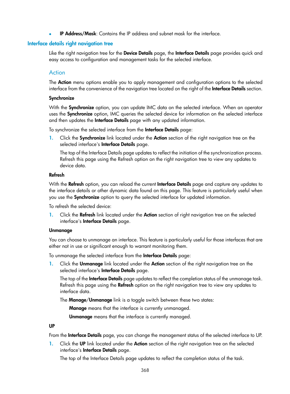 Interface details right navigation tree, Action, Interface details right | Navigation tree | H3C Technologies H3C Intelligent Management Center User Manual | Page 382 / 1065